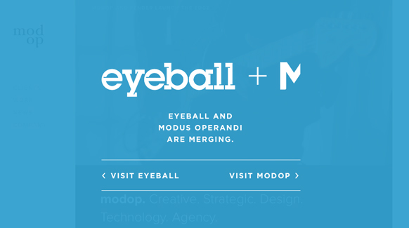 Blue graphic announcing the merger of Eyeball and Modus Operandi with links to both websites.