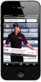 A black smartphone showing the NBC Sports mobile website with a man in a purple shirt and a FedEx advertisement.
