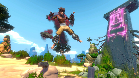 A stylized male character leaps through a sunny, tropical landscape near a glowing purple stone monolith.