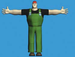 3D model of a man wearing green overalls and a red cap with arms spread wide against a blue background.