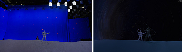 Two views of a stage with a blue backdrop and performers on a white mound.