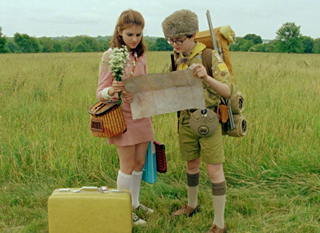 A girl in a pink dress and a boy in scout gear study a large map in a grassy field.