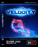 Blue and pink glowing energy swirls on a dark background with text for MotionPulse Velocity sound effects.