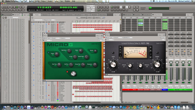 Two software plugin windows overlaid on a digital audio workstation mixer interface.