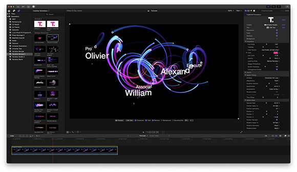 Video editing software interface showing swirling colorful light trails and names on a black background.
