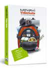 A white and green software box for Movavi VideoSuite featuring a graphic of a backpack filled with video equipment.