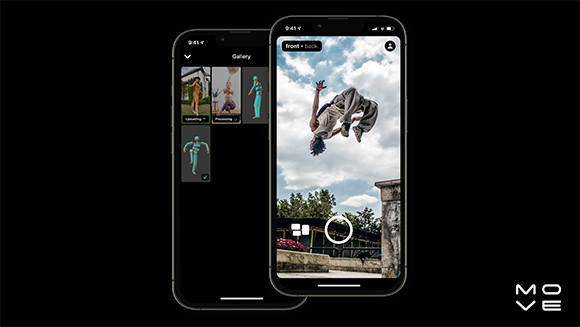 Two smartphones showing a gallery of motion capture data and a video of a person performing a backflip.
