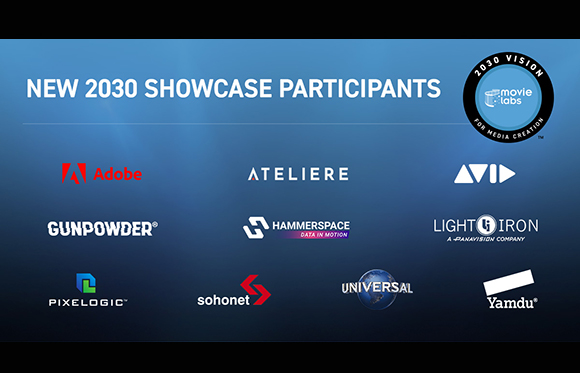 Graphic listing new 2030 Showcase participants including Adobe, Avid, Universal, and SohoNet on a blue background.