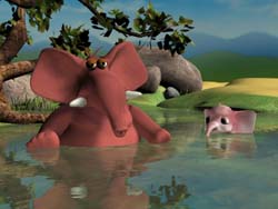 A red animated elephant sits in a pond next to a small pink creature.