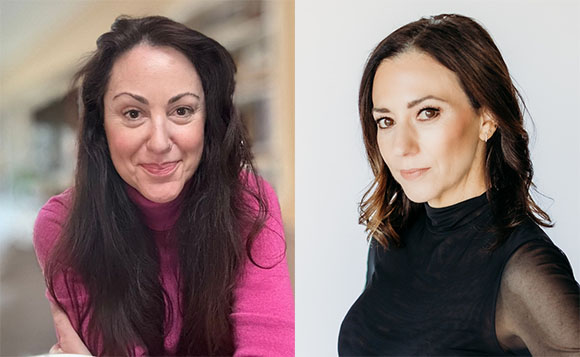 Two close-up portraits of a woman, one in a pink turtleneck and one in a black high-neck top.