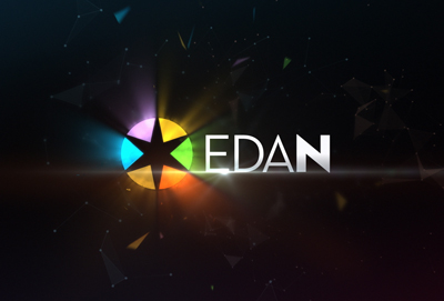 The word EDAN in white capital letters next to a multi-colored star icon on a dark, geometric background.