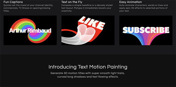 Three examples of colorful, stylized text animations on black backgrounds with descriptive headings.