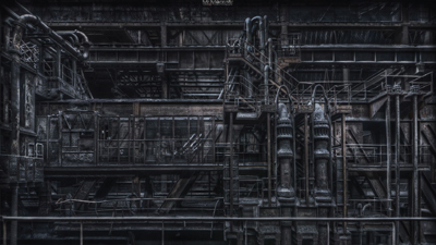A complex network of dark metal pipes, scaffolding, and industrial machinery in a dimly lit setting.
