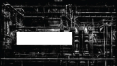 Black and white view of complex industrial machinery and piping with a white rectangle in the center.