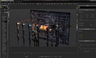 Digital 3D workspace showing a dark, mechanical environment with a slender humanoid figure.