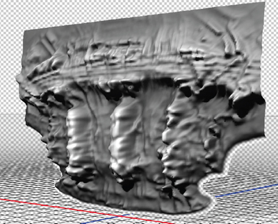 A grayscale 3D digital model of a rugged, uneven surface with deep ridges and depressions.