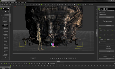 3D modeling software interface showing a large, dark mechanical structure and a slender humanoid figure.