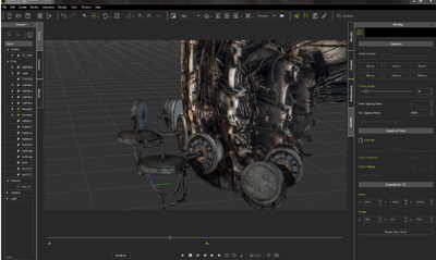 A 3D modeling software interface showing a detailed, dark metallic mechanical object on a grid background.