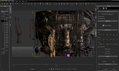 A 3D digital model of a complex, weathered mechanical structure within a software editing interface.