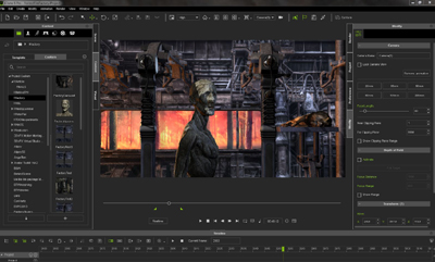 A computer screen showing a 3D modeling software interface with a dark, cinematic character render.