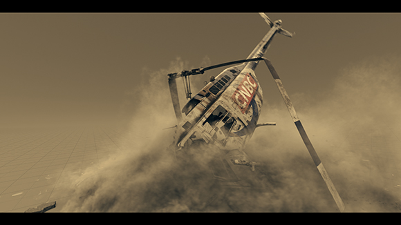 A crashed helicopter with CNBC branding sits amidst thick clouds of dust and debris.