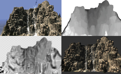 Four panels showing a 3D mountain with waterfalls in color, grayscale depth map, displacement map, and dark render.
