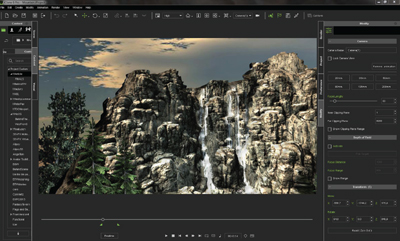A software interface displaying a 3D rendered landscape of a rocky mountain and a waterfall.