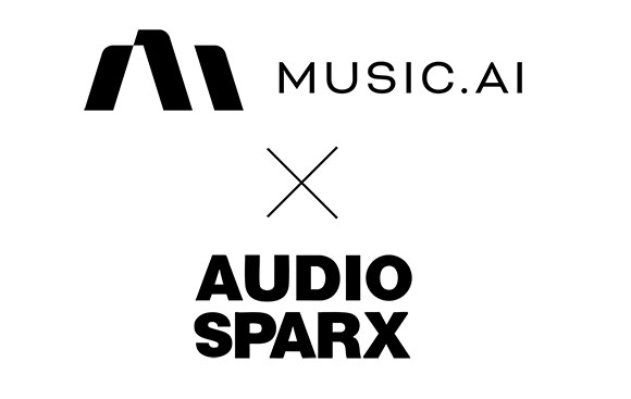 Black logos for MUSIC.AI and AUDIO SPARX separated by a large X on a white background.