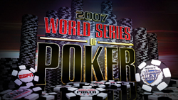 2007 World Series of Poker logo surrounded by stacks of black and white poker chips.