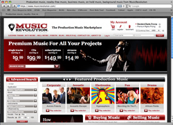 Website interface for MusicRevolution featuring music categories and a promotional banner.