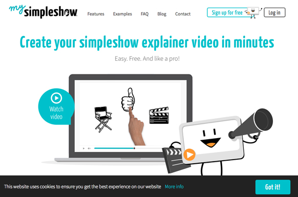 Website landing page for MySimpleShow featuring a laptop displaying video creation tools and a cartoon character.