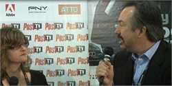 A woman and a man with a microphone speak in front of a Post TV, Adobe, and PNY branded backdrop.
