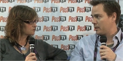 A woman with glasses and a man in a light blue shirt hold microphones while speaking in front of a Post TV backdrop.