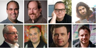 Eight headshots of men in a two-by-four grid. The men have various hairstyles, facial hair, and are wearing different clothin