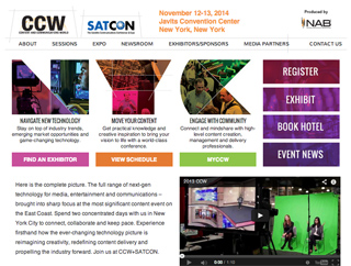 Website banner for CCW and SATCON 2014 in New York, featuring event details and navigation buttons.