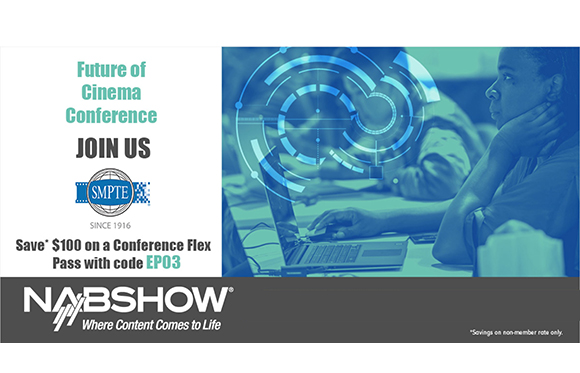 Blue-toned graphic for the Future of Cinema Conference featuring a person at a laptop and digital overlays.