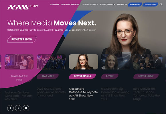 NAB Show website banner featuring a woman's portrait and event dates for 2025 and 2026.