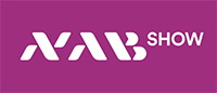 White NAB SHOW logo centered on a solid purple rectangular background.