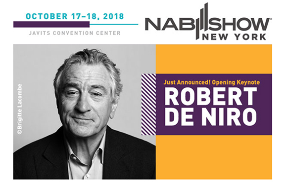 Promotional graphic for NAB Show New York featuring a black and white portrait of Robert De Niro.