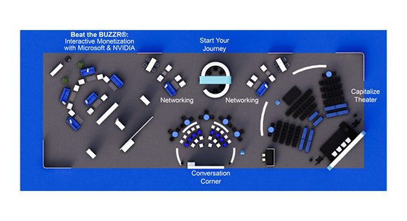 A top-down floor plan of an event space featuring networking areas, a theater, and a conversation corner.