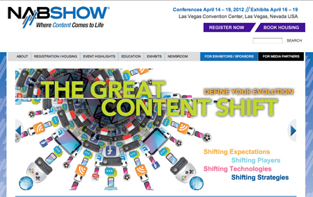 NAB Show website banner with text 'The Great Content Shift' surrounded by various digital devices.