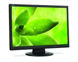Black NEC computer monitor on a stand displaying a bright green macro image of plant buds with water droplets.