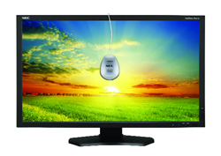 A computer monitor showing a sunset over a green field with a white mouse centered on the screen.