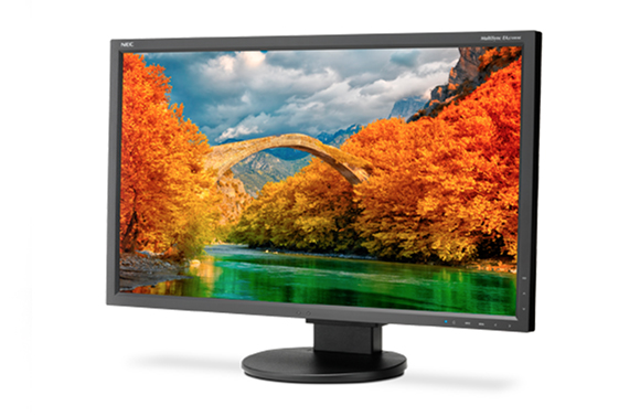 NEC monitor displaying a scenic autumn landscape with a stone bridge arching over a green river, surrounded by trees with ora