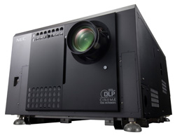 A black NEC DLP Cinema digital projector viewed from a front angle.