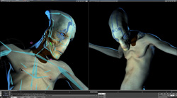 Two views of a pale, humanoid 3D model with blue digital wireframe lines on a black background.