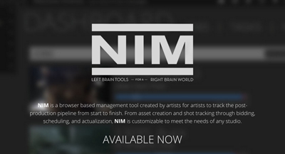 White NIM logo with the text 'Left Brain Tools for a Right Brain World' on a dark, blurred background.