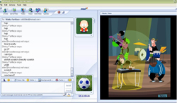 A computer window showing a text chat on the left and an animation of a cartoon band playing music on the right.