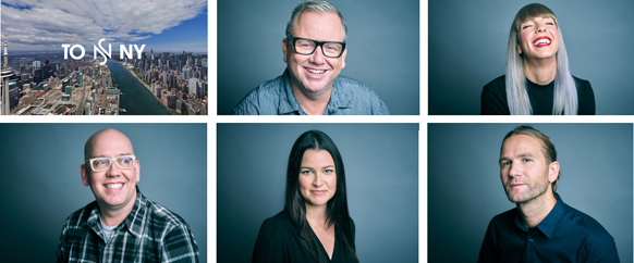 Collage showing a city skyline and five diverse people smiling against a blue background.