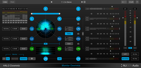 Digital audio workstation interface showing a circular spatializer, multiple faders, and frequency meters.